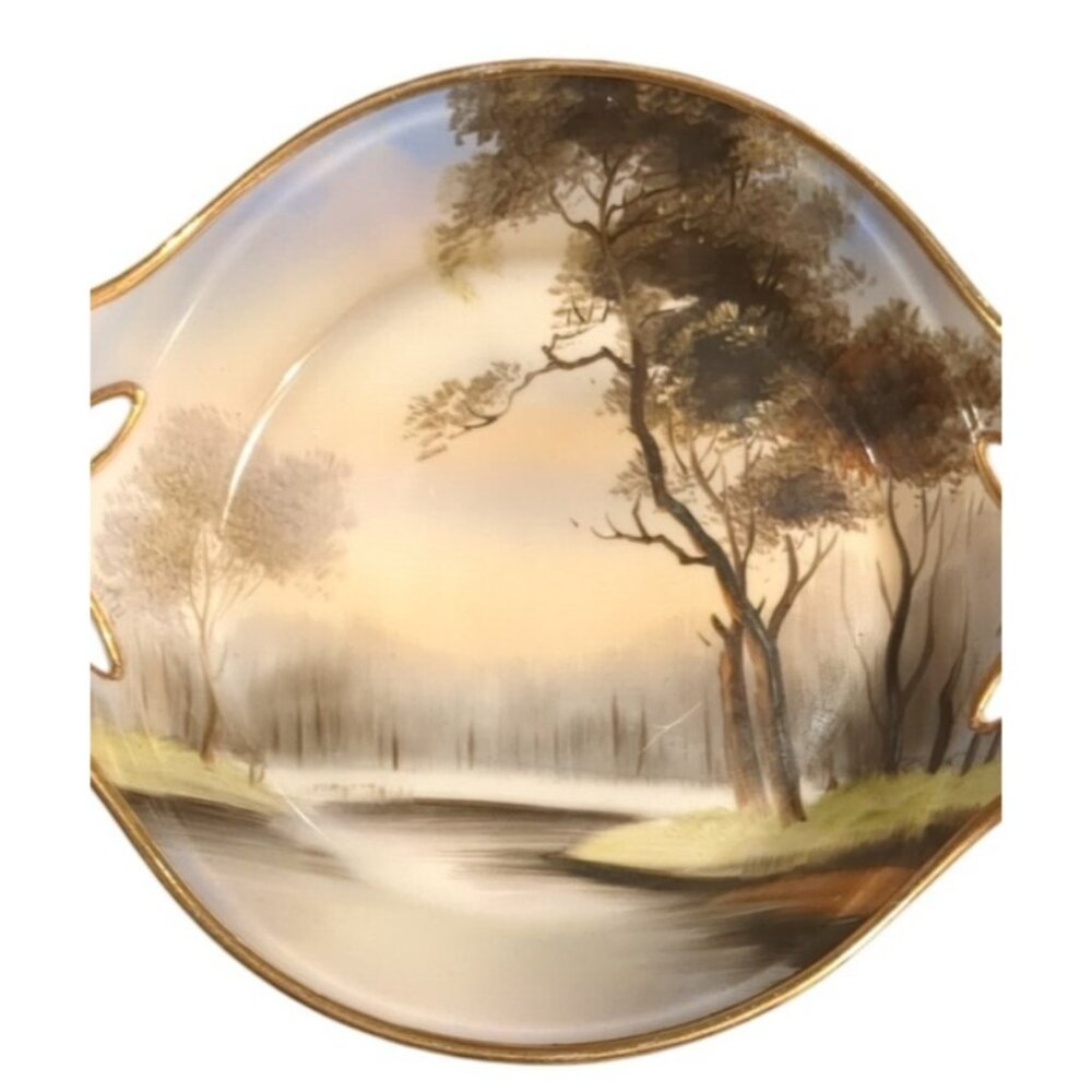 Antique Noritake Morimura Hand Painted Handled Candy Dish Bowl 7in Japan Gold - Picture 8 of 14
